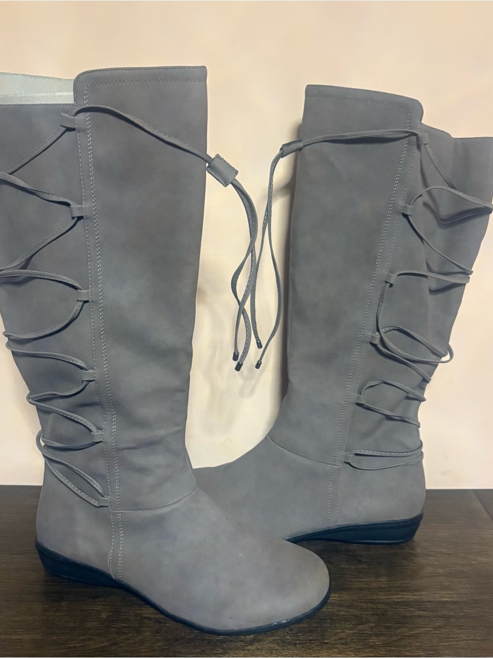 Comfortview Sailor Gray Knee High Lace Up Back Boots 12WW NWOB Extra Wide